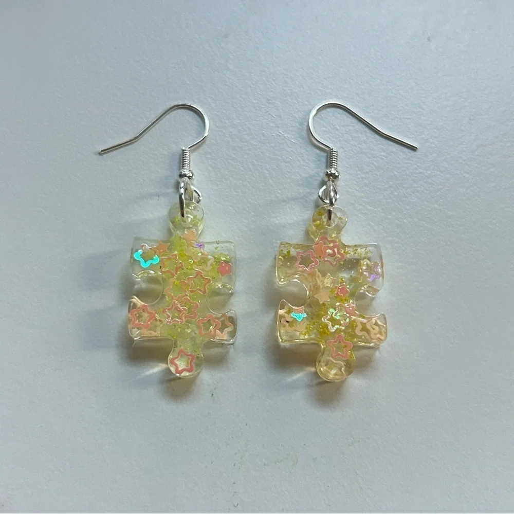 Hand Made Silver Color Dangle Yellow Puzzle Resin Earrings Star Glitter Design